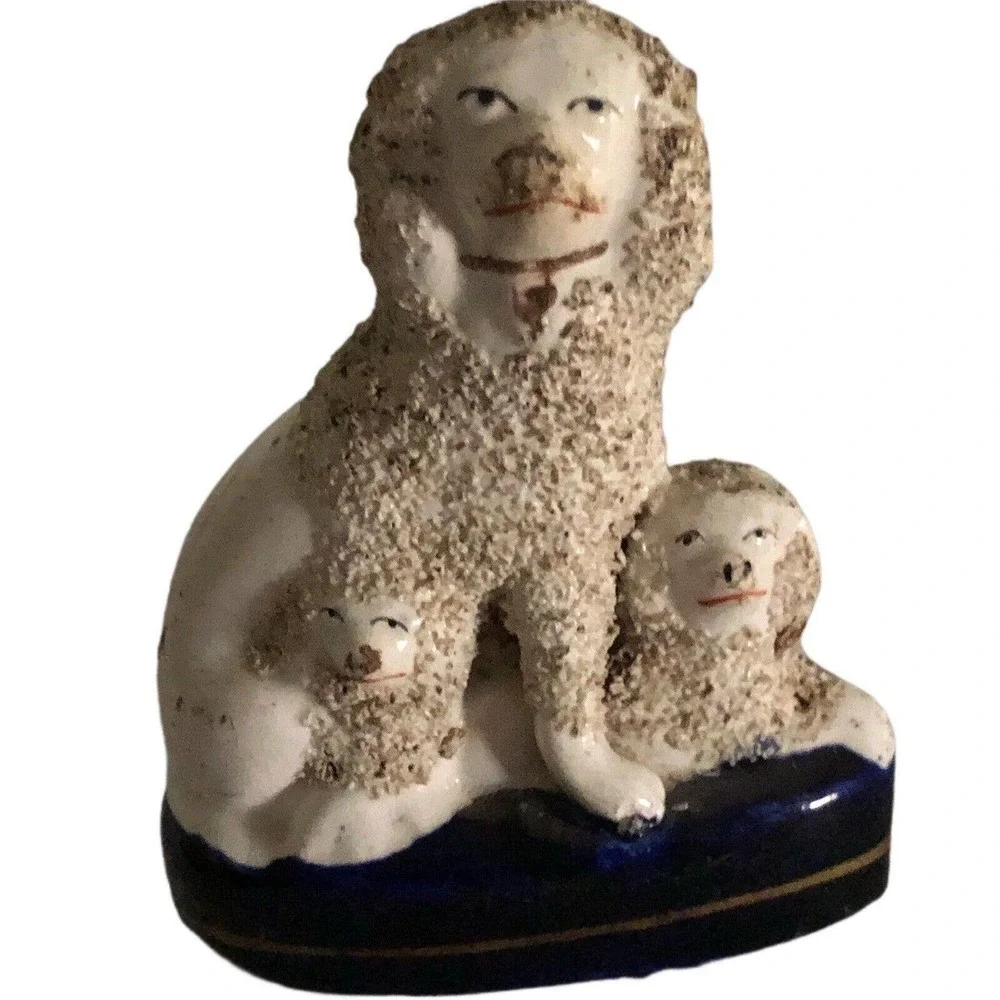 Trio Exquisite Antique Woolly Staffordshire Poodles with Pups Cobalt Base 5